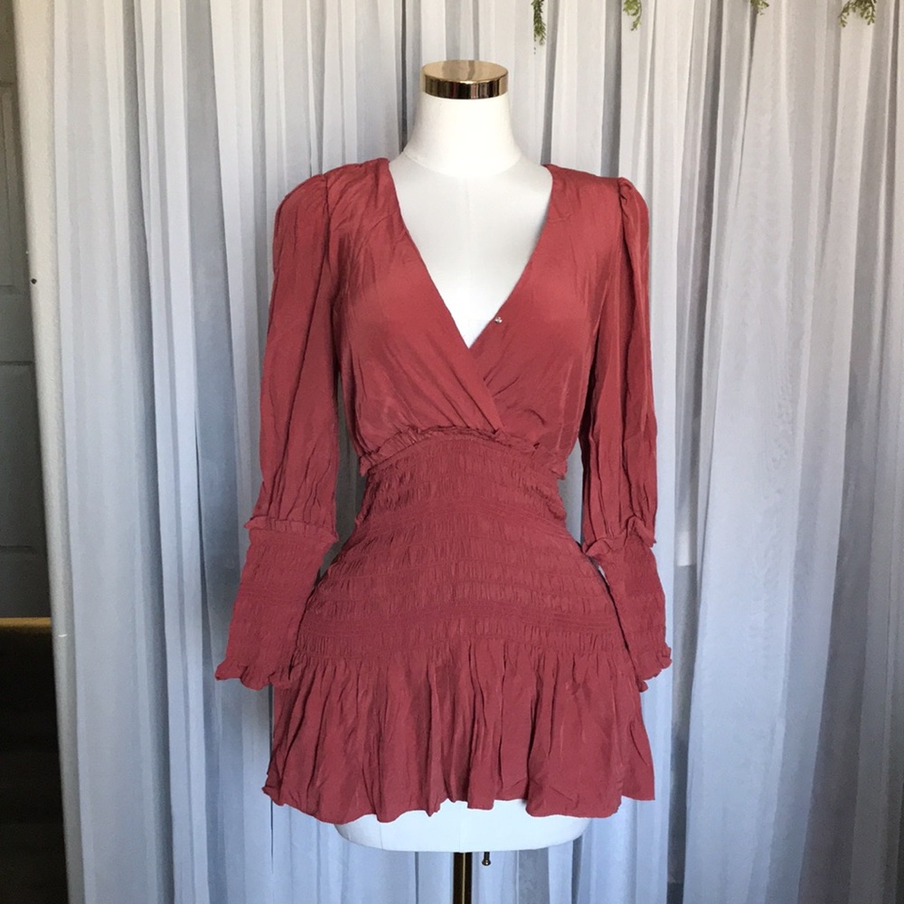Mauve Ruffle Trim Smocked Long Sleeve Mini Dress